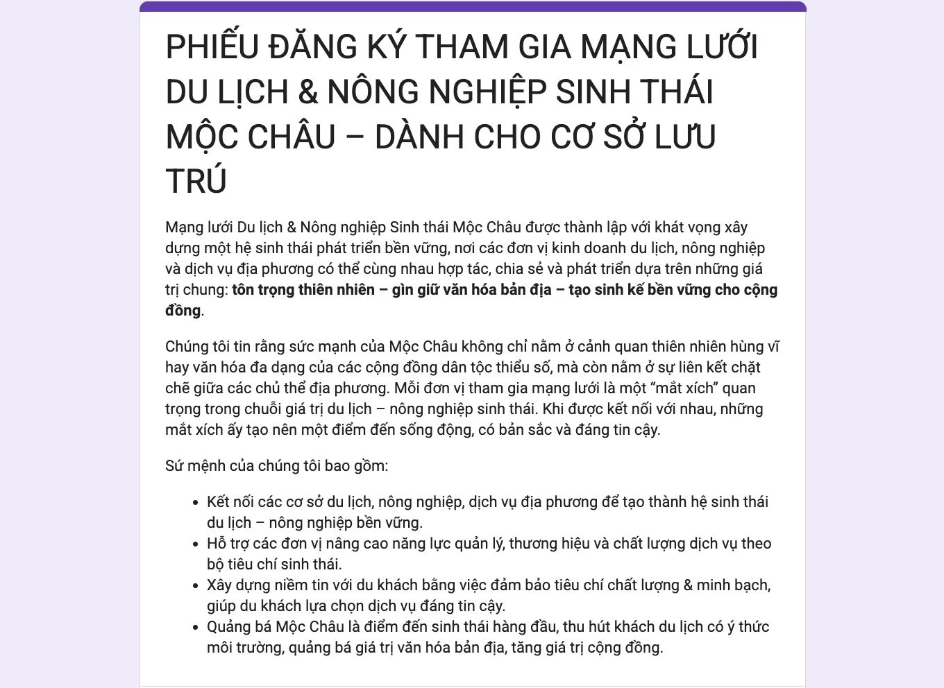 Đơn đăng ký tham gia mạng lưới dành cho Cơ sở lưu trú - Mộc Châu