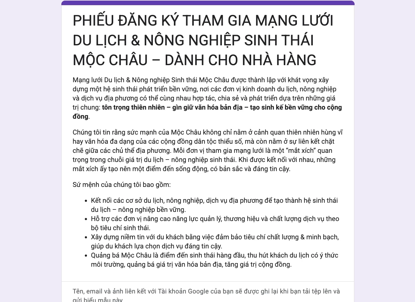 Đơn đăng ký tham gia mạng lưới dành cho Nhà hàng - Mộc Châu