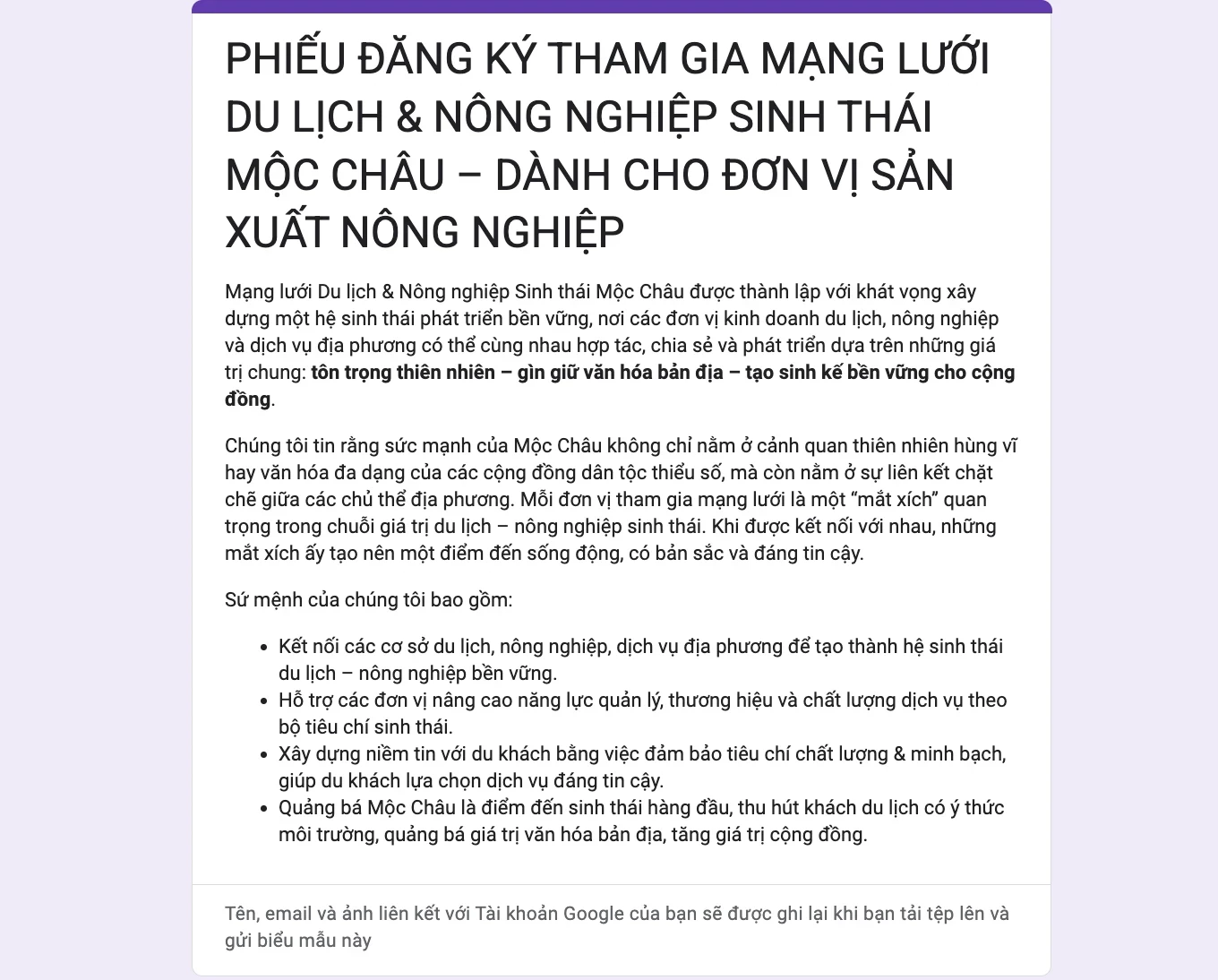 Đơn đăng ký tham gia mạng lưới dành cho Cơ sở sản xuất nông nghiệp - Mộc Châu